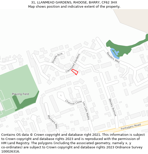 31, LLANMEAD GARDENS, RHOOSE, BARRY, CF62 3HX: Location map and indicative extent of plot