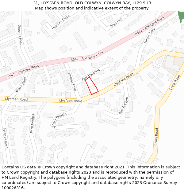 31, LLYSFAEN ROAD, OLD COLWYN, COLWYN BAY, LL29 9HB: Location map and indicative extent of plot