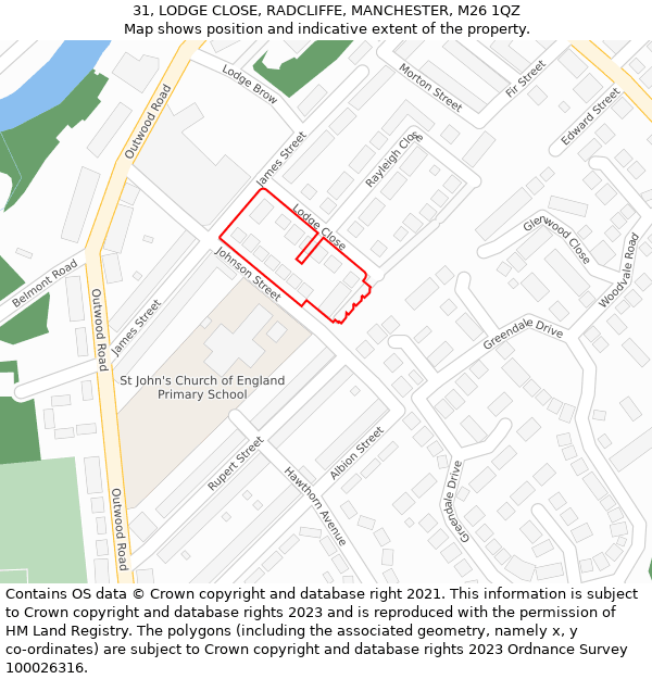 31, LODGE CLOSE, RADCLIFFE, MANCHESTER, M26 1QZ: Location map and indicative extent of plot