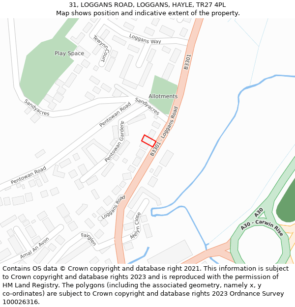 31, LOGGANS ROAD, LOGGANS, HAYLE, TR27 4PL: Location map and indicative extent of plot