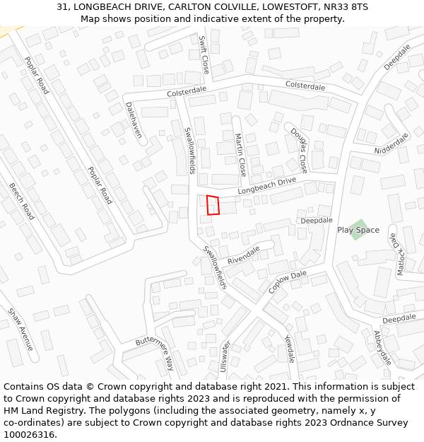 31, LONGBEACH DRIVE, CARLTON COLVILLE, LOWESTOFT, NR33 8TS: Location map and indicative extent of plot