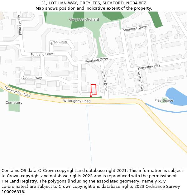 31, LOTHIAN WAY, GREYLEES, SLEAFORD, NG34 8FZ: Location map and indicative extent of plot