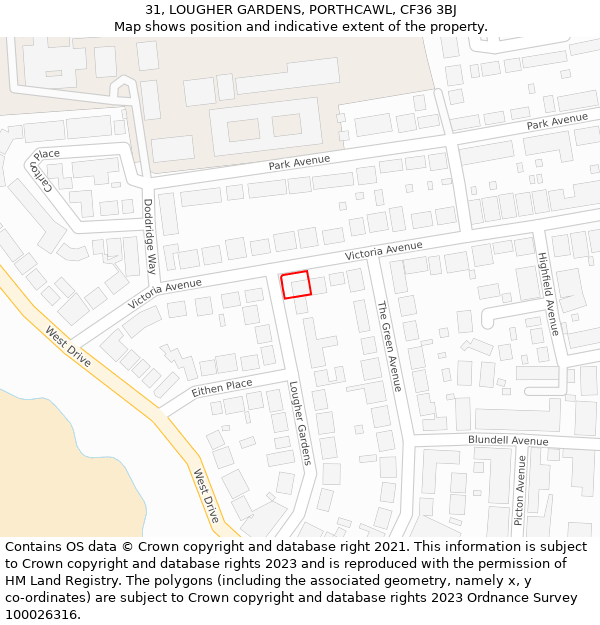 31, LOUGHER GARDENS, PORTHCAWL, CF36 3BJ: Location map and indicative extent of plot