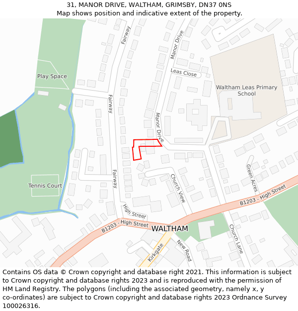 31, MANOR DRIVE, WALTHAM, GRIMSBY, DN37 0NS: Location map and indicative extent of plot