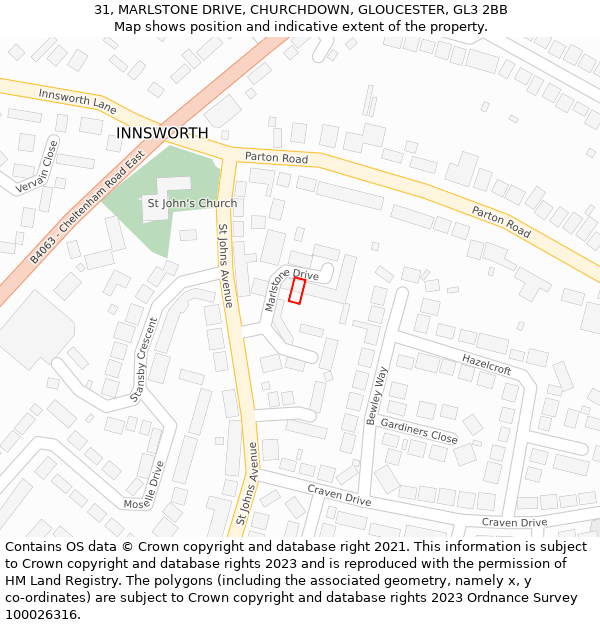 31, MARLSTONE DRIVE, CHURCHDOWN, GLOUCESTER, GL3 2BB: Location map and indicative extent of plot