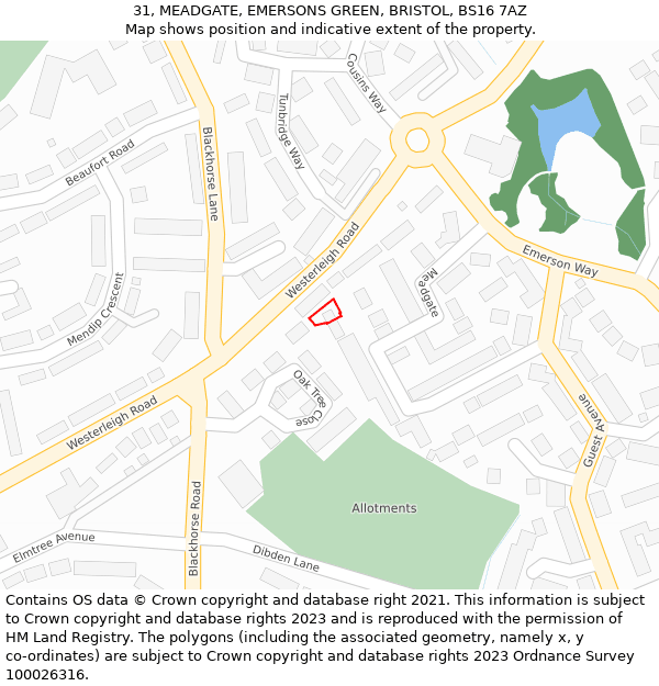 31, MEADGATE, EMERSONS GREEN, BRISTOL, BS16 7AZ: Location map and indicative extent of plot