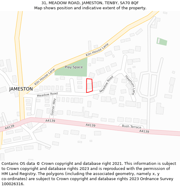 31, MEADOW ROAD, JAMESTON, TENBY, SA70 8QF: Location map and indicative extent of plot