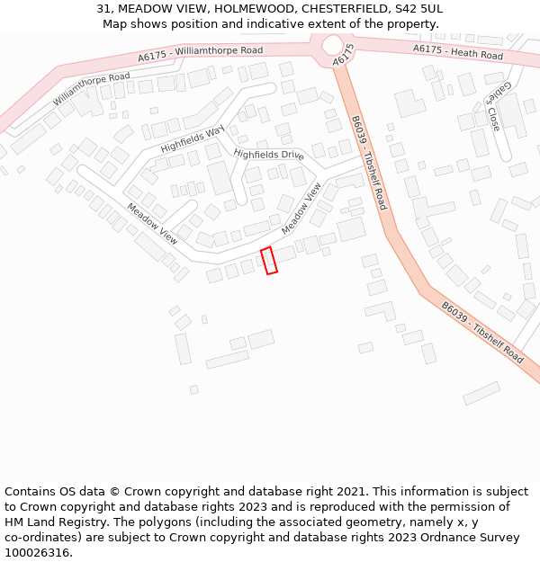 31, MEADOW VIEW, HOLMEWOOD, CHESTERFIELD, S42 5UL: Location map and indicative extent of plot