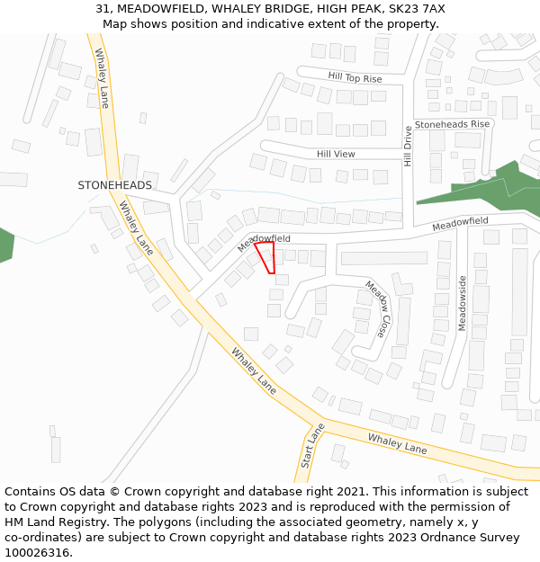 31, MEADOWFIELD, WHALEY BRIDGE, HIGH PEAK, SK23 7AX: Location map and indicative extent of plot