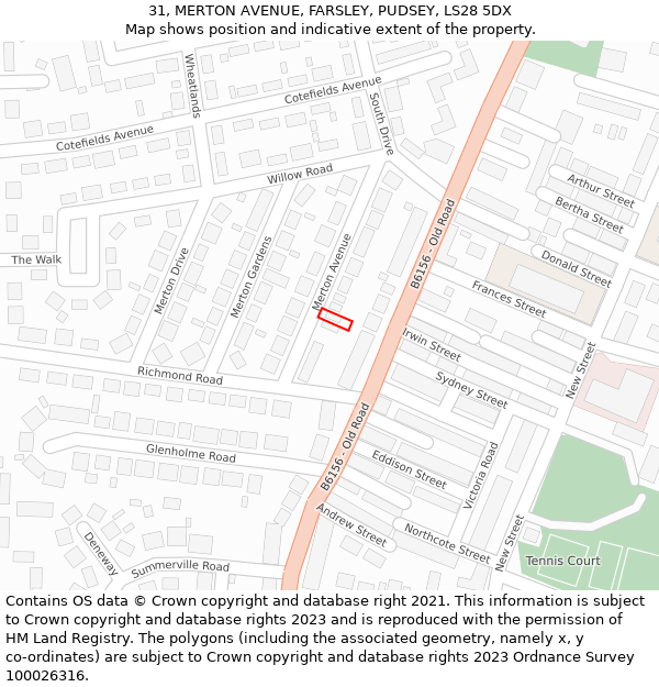 31, MERTON AVENUE, FARSLEY, PUDSEY, LS28 5DX: Location map and indicative extent of plot