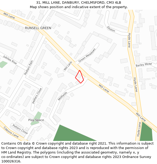 31, MILL LANE, DANBURY, CHELMSFORD, CM3 4LB: Location map and indicative extent of plot