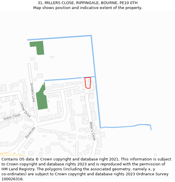 31, MILLERS CLOSE, RIPPINGALE, BOURNE, PE10 0TH: Location map and indicative extent of plot