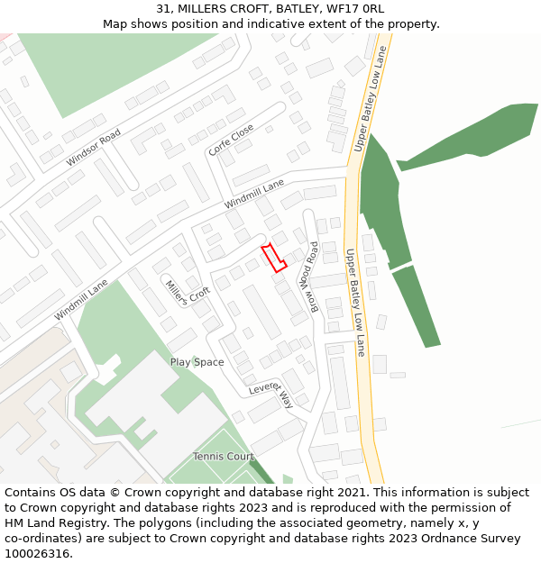 31, MILLERS CROFT, BATLEY, WF17 0RL: Location map and indicative extent of plot