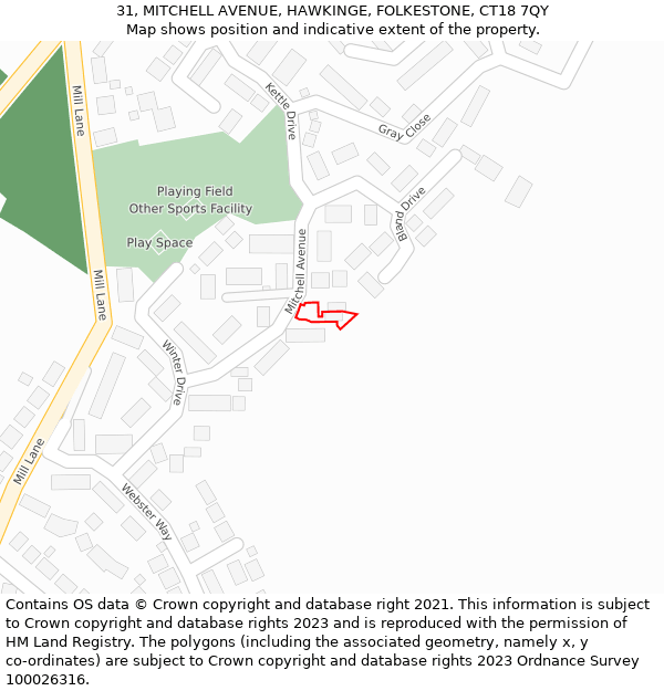 31, MITCHELL AVENUE, HAWKINGE, FOLKESTONE, CT18 7QY: Location map and indicative extent of plot