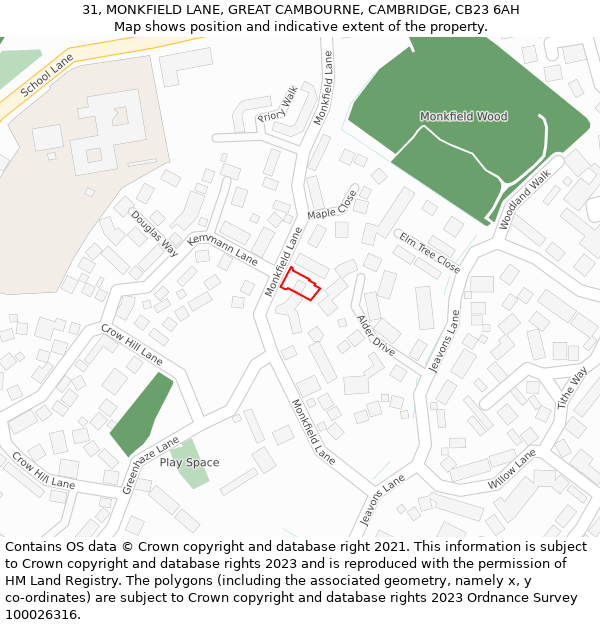 31, MONKFIELD LANE, GREAT CAMBOURNE, CAMBRIDGE, CB23 6AH: Location map and indicative extent of plot