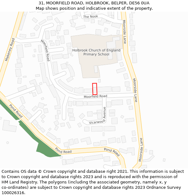 31, MOORFIELD ROAD, HOLBROOK, BELPER, DE56 0UA: Location map and indicative extent of plot