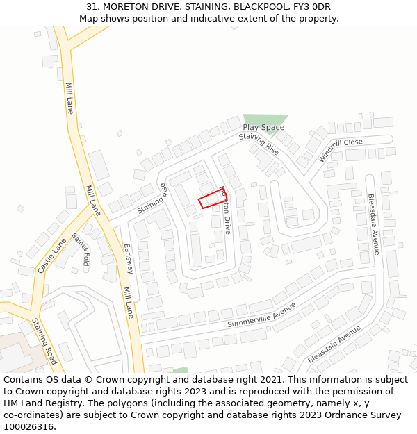 31, MORETON DRIVE, STAINING, BLACKPOOL, FY3 0DR: Location map and indicative extent of plot