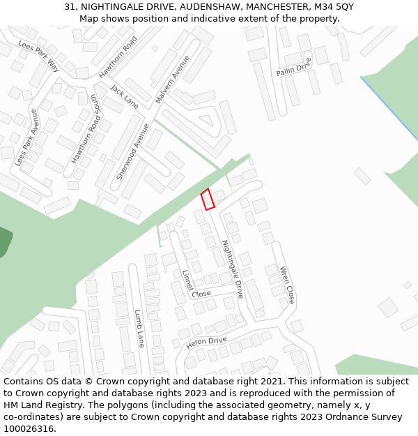 31, NIGHTINGALE DRIVE, AUDENSHAW, MANCHESTER, M34 5QY: Location map and indicative extent of plot