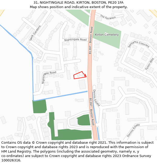 31, NIGHTINGALE ROAD, KIRTON, BOSTON, PE20 1FA: Location map and indicative extent of plot