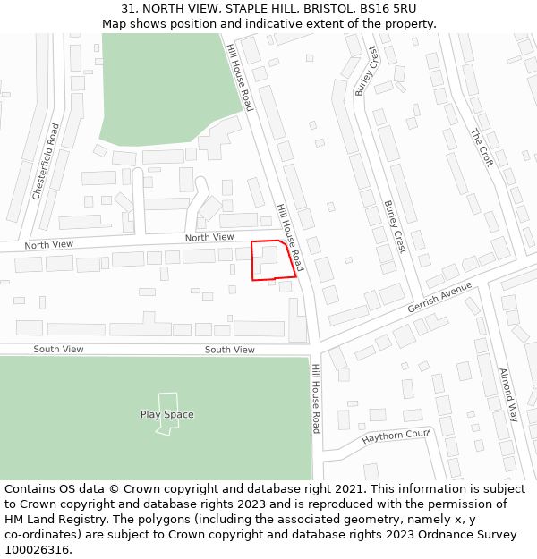 31, NORTH VIEW, STAPLE HILL, BRISTOL, BS16 5RU: Location map and indicative extent of plot