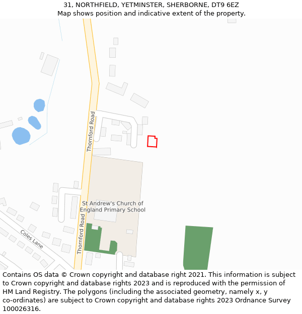 31, NORTHFIELD, YETMINSTER, SHERBORNE, DT9 6EZ: Location map and indicative extent of plot