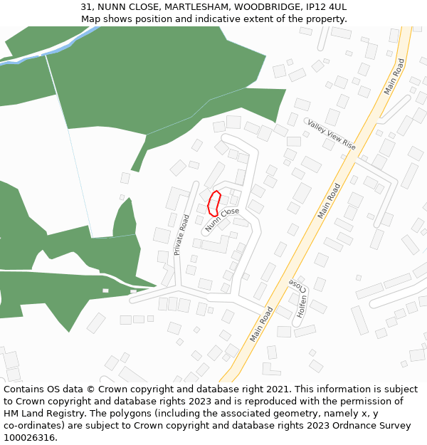 31, NUNN CLOSE, MARTLESHAM, WOODBRIDGE, IP12 4UL: Location map and indicative extent of plot
