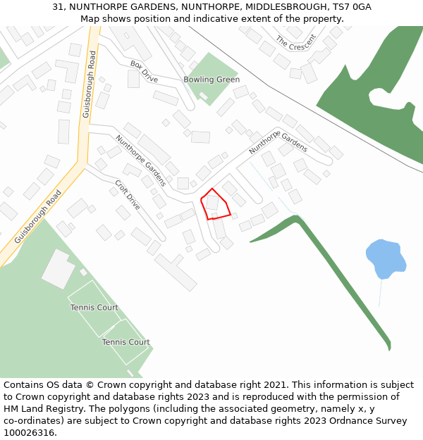 31, NUNTHORPE GARDENS, NUNTHORPE, MIDDLESBROUGH, TS7 0GA: Location map and indicative extent of plot