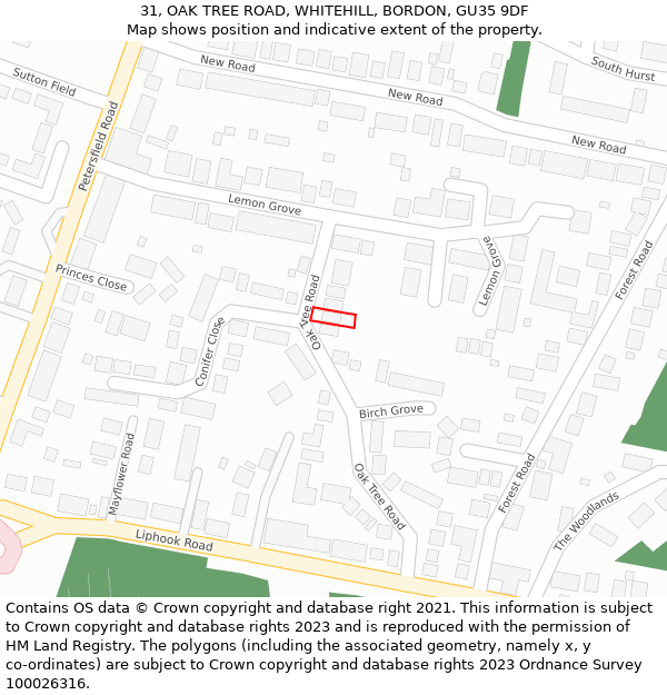 31, OAK TREE ROAD, WHITEHILL, BORDON, GU35 9DF: Location map and indicative extent of plot