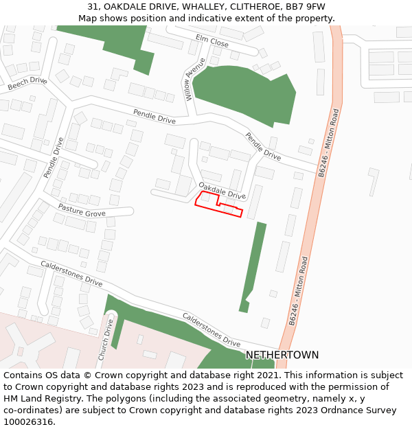 31, OAKDALE DRIVE, WHALLEY, CLITHEROE, BB7 9FW: Location map and indicative extent of plot