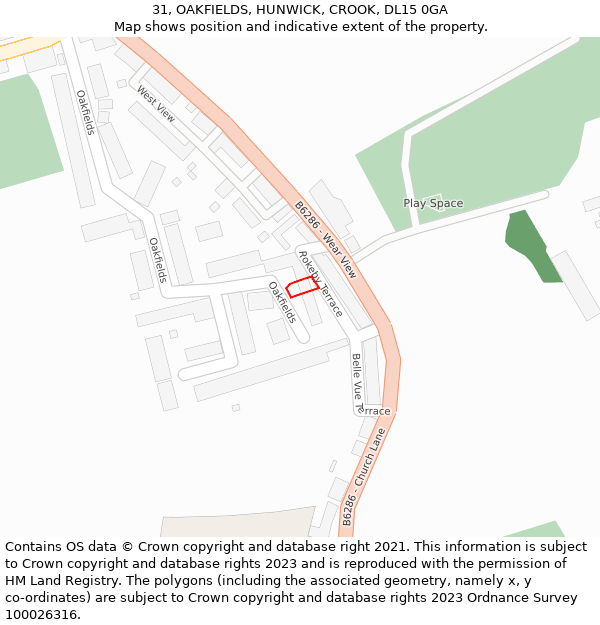 31, OAKFIELDS, HUNWICK, CROOK, DL15 0GA: Location map and indicative extent of plot