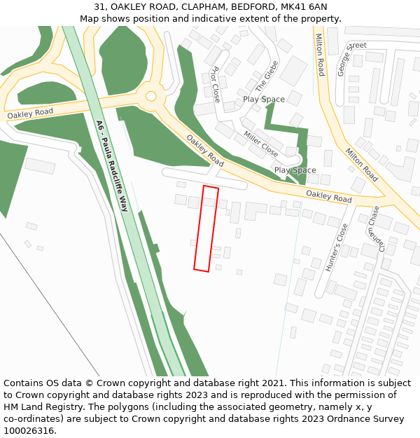 31, OAKLEY ROAD, CLAPHAM, BEDFORD, MK41 6AN: Location map and indicative extent of plot