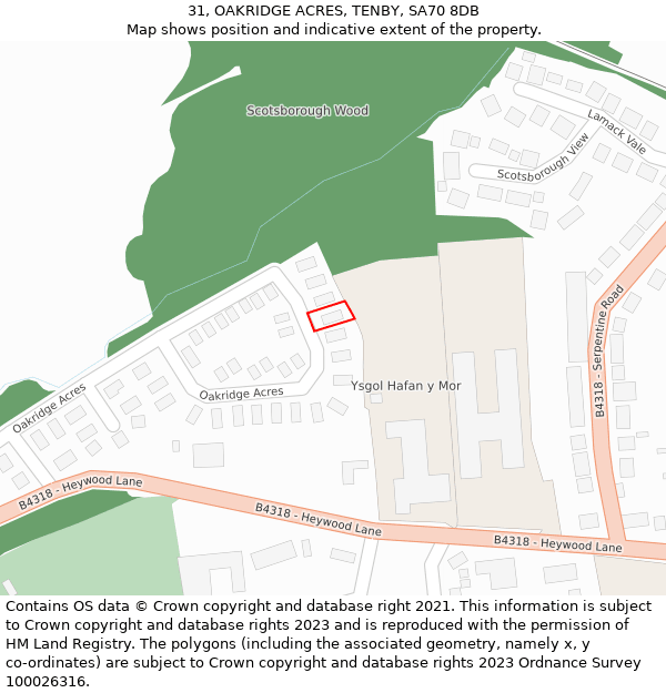 31, OAKRIDGE ACRES, TENBY, SA70 8DB: Location map and indicative extent of plot