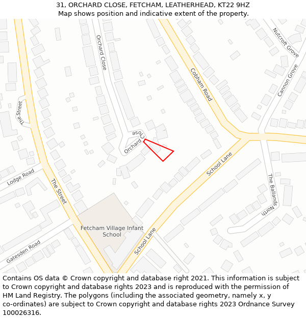 31, ORCHARD CLOSE, FETCHAM, LEATHERHEAD, KT22 9HZ: Location map and indicative extent of plot