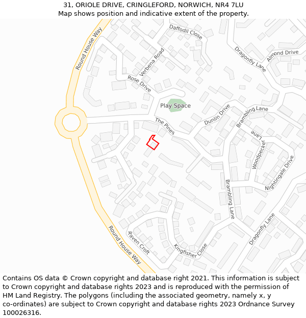 31, ORIOLE DRIVE, CRINGLEFORD, NORWICH, NR4 7LU: Location map and indicative extent of plot