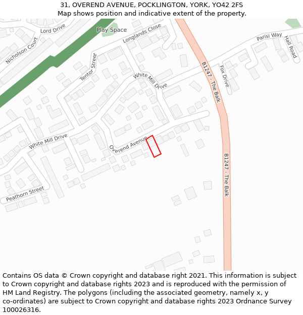 31, OVEREND AVENUE, POCKLINGTON, YORK, YO42 2FS: Location map and indicative extent of plot