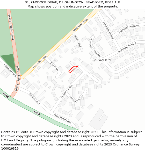 31, PADDOCK DRIVE, DRIGHLINGTON, BRADFORD, BD11 1LB: Location map and indicative extent of plot