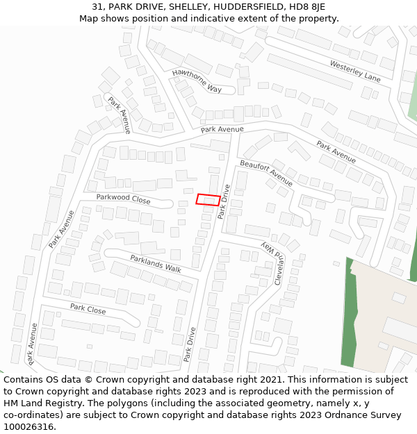 31, PARK DRIVE, SHELLEY, HUDDERSFIELD, HD8 8JE: Location map and indicative extent of plot