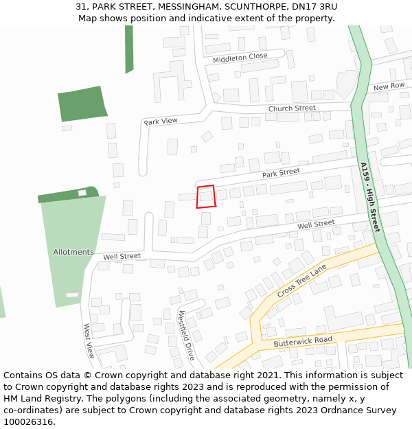 31, PARK STREET, MESSINGHAM, SCUNTHORPE, DN17 3RU: Location map and indicative extent of plot