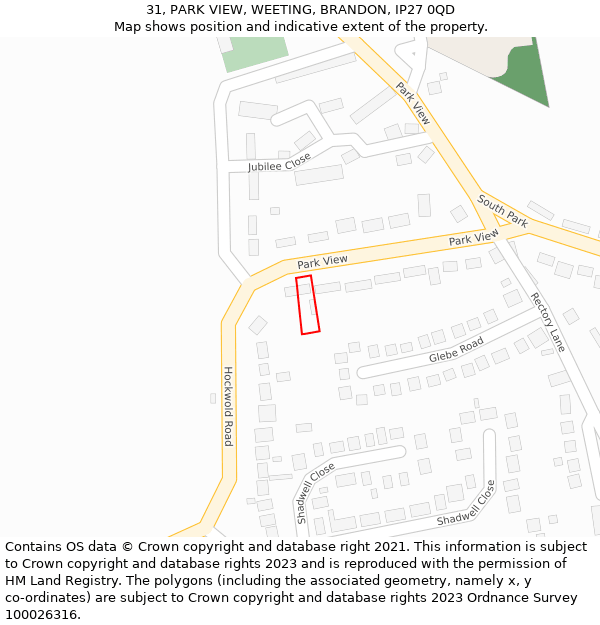 31, PARK VIEW, WEETING, BRANDON, IP27 0QD: Location map and indicative extent of plot