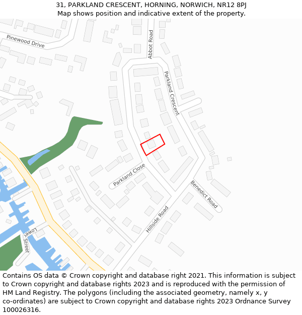 31, PARKLAND CRESCENT, HORNING, NORWICH, NR12 8PJ: Location map and indicative extent of plot