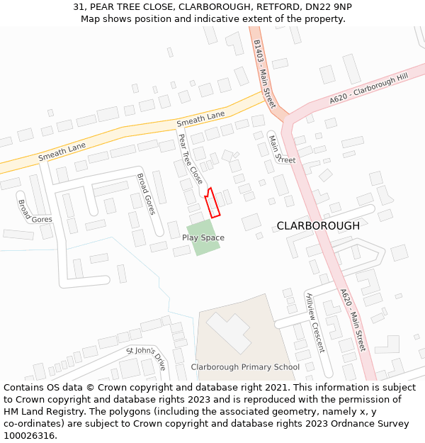 31, PEAR TREE CLOSE, CLARBOROUGH, RETFORD, DN22 9NP: Location map and indicative extent of plot