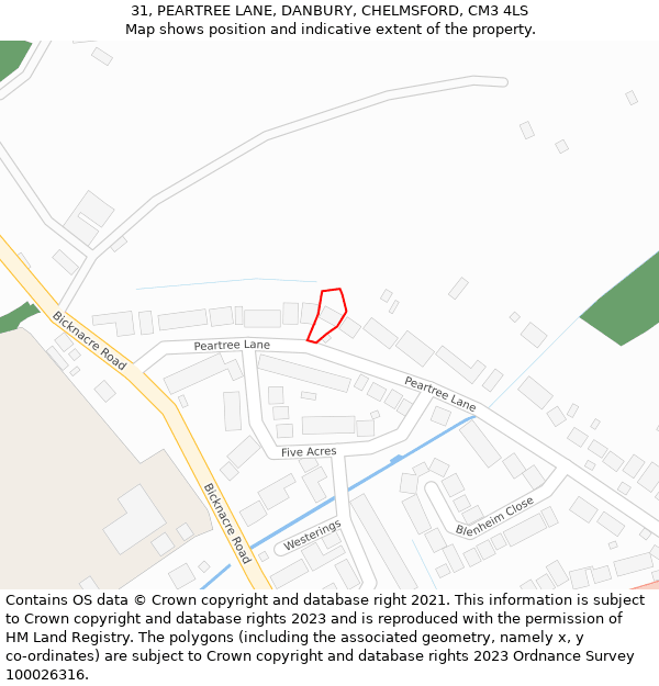 31, PEARTREE LANE, DANBURY, CHELMSFORD, CM3 4LS: Location map and indicative extent of plot