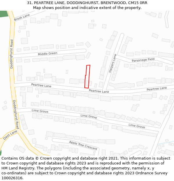 31, PEARTREE LANE, DODDINGHURST, BRENTWOOD, CM15 0RR: Location map and indicative extent of plot