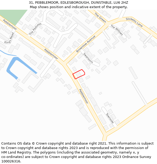 31, PEBBLEMOOR, EDLESBOROUGH, DUNSTABLE, LU6 2HZ: Location map and indicative extent of plot