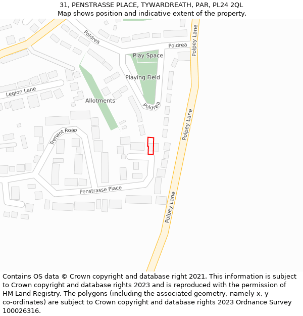 31, PENSTRASSE PLACE, TYWARDREATH, PAR, PL24 2QL: Location map and indicative extent of plot