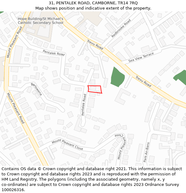 31, PENTALEK ROAD, CAMBORNE, TR14 7RQ: Location map and indicative extent of plot