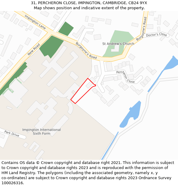 31, PERCHERON CLOSE, IMPINGTON, CAMBRIDGE, CB24 9YX: Location map and indicative extent of plot