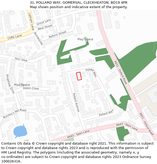 31, POLLARD WAY, GOMERSAL, CLECKHEATON, BD19 4PR: Location map and indicative extent of plot