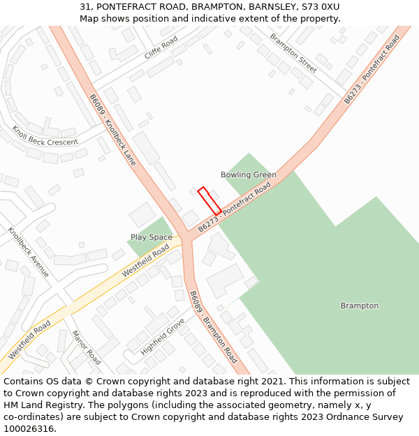 31, PONTEFRACT ROAD, BRAMPTON, BARNSLEY, S73 0XU: Location map and indicative extent of plot