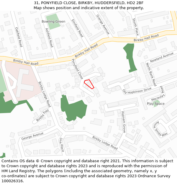 31, PONYFIELD CLOSE, BIRKBY, HUDDERSFIELD, HD2 2BF: Location map and indicative extent of plot